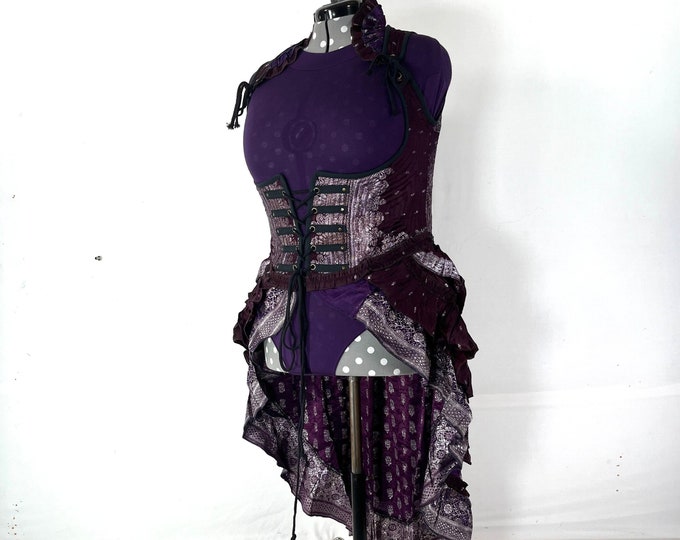 4XL. Elisa Bustier Dress; Steampunk Under-bust Long Body Corset in Silk Brocade, Boho Cottagecore Pirate SKU:2004-7900
