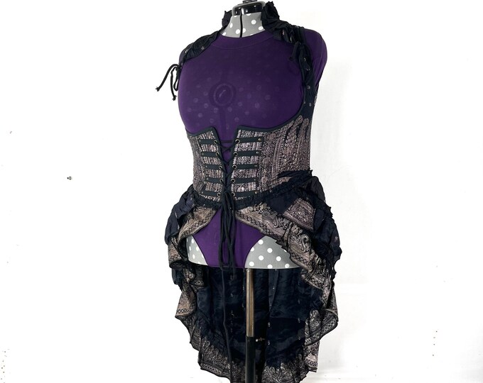 4XL. Elisa Bustier Dress; Steampunk Under-bust Long Body Corset in Silk Brocade, Boho Cottagecore Pirate SKU:2004-7901