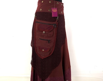 Maroon Steampunk Wrap Skirt; Long Winter Skirt, Victorian Cotton Skirt, Edwardian Maxi Skirt with Detachable Purse SKU: 1040