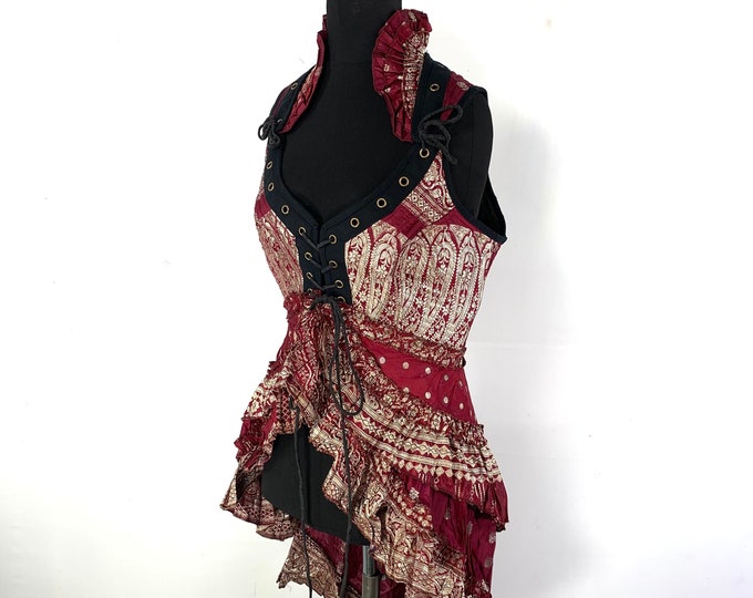 L. Sophia Steampunk Corset Dress with Hi-Low tiered skirt in Silk brocade,