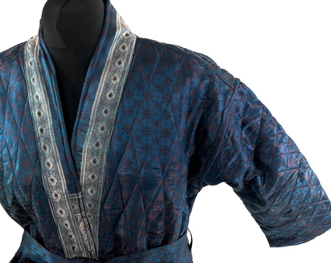 Quilted Silk Kimono Jacket XL; Vintage Brocade Robe, Generous Loose Fit, Japanese Style, Handmade.  SKU:758-7024