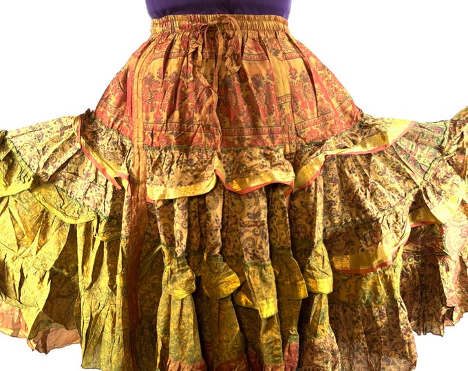 Yasmin XL 25 yard Gypsy Winter Silk Skirt in One Size Plus; Boho Flamenco or Bellydance orange red yellow  SKU:739-7076