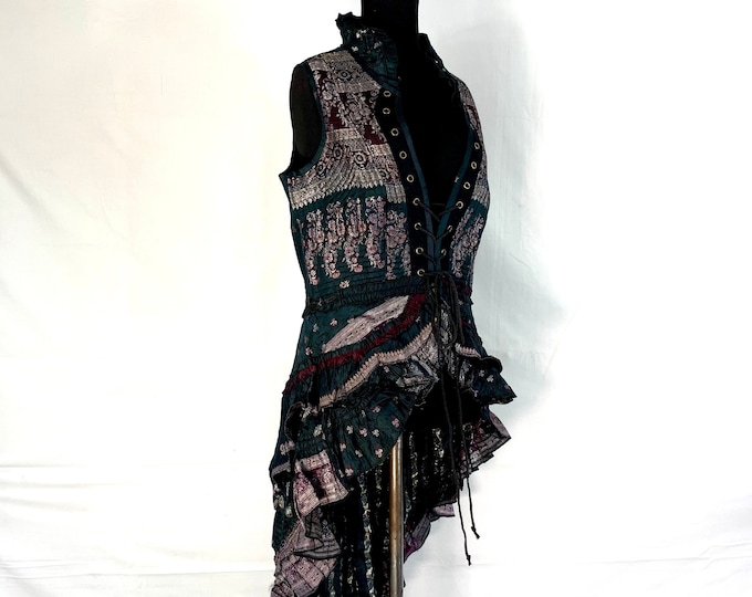 XL. Isabella Corset Dress, Silk brocade, Steampunk, Larp, Tribal, Pagan