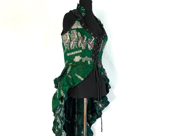 XL. Varuna Corset Dress in Silk Brocade with long body. Flamenco, Larp, Steampunk, Pagan, Fantasy, Gothic