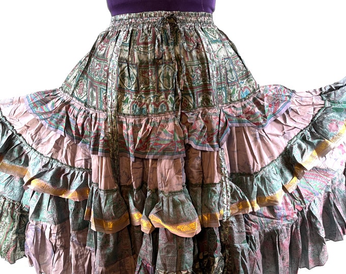Yasmin XL 25 yard Gypsy Winter Silk Skirt in One Size Plus;  green pink lilac gold SKU:739-7075