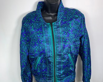 Jude Silk Bomber Jacket, S/M UK Size 6 to 10. Warm fleece lined. Blue & Green