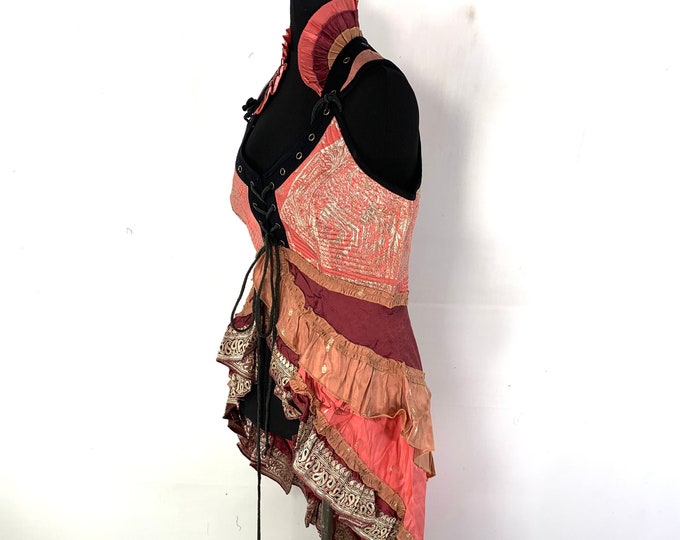 XL. Sophia Steampunk Corset Dress with Hi-Low tiered skirt in Silk brocade,