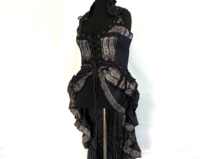 L. Varuna Corset Bustier Dress in Silk Brocade with long body. Larp, Steampun, Gothic