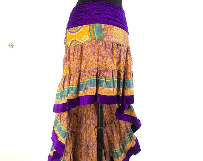 Layla Bohemian XL Waist Hi Low Silk Velvet Edged Skirt. One Size Plus. Fits up to 50" (127cm) SKU:734-5554