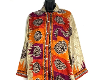 L. Luxury Silk Sari Pyjama Set with matching gift bag. Quality Handmade Nightwear. Perfect Valentine Gift for wife or girlfriend.