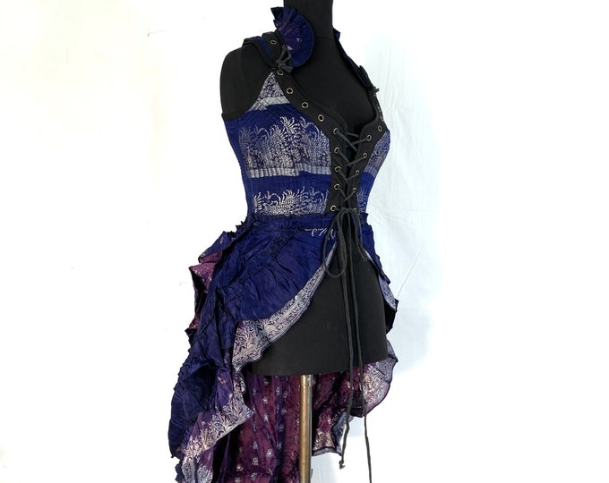 S. Varuna Corset Dress in Silk Brocade with long body; Larp Renaissance Corset Dress.  SKU:2002-2648