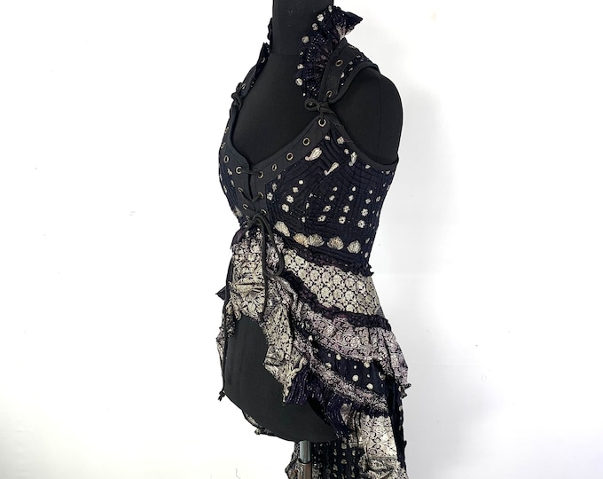 S. Sophia Steampunk Corset Dress with Hi-Low tiered skirt in Silk brocade,