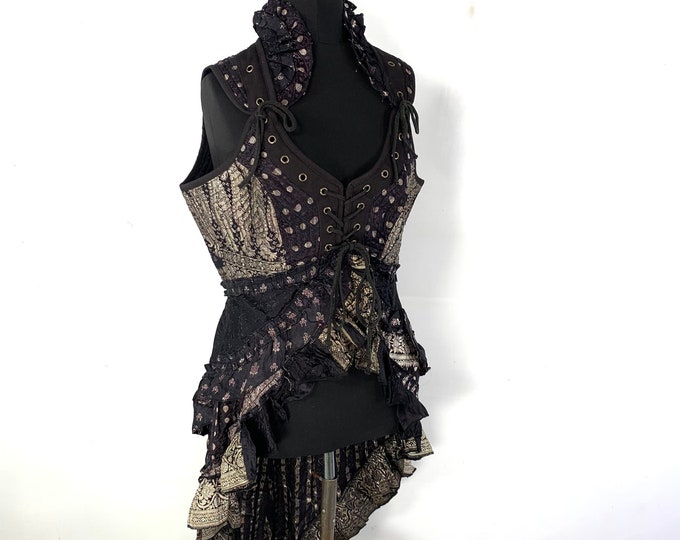 2XL. Sophia Steampunk Corset Dress with Hi-Low tiered skirt in Silk brocade,