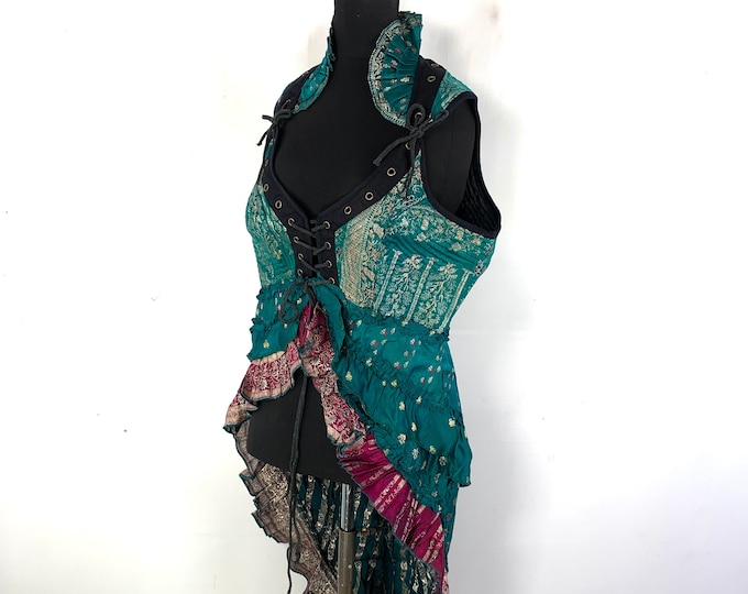 3XL. Sophia Steampunk Corset Dress in Vintage Silk Brocade.  SKU:2000-5386