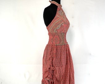 Sadie Silk Pixie Dress a One Size Goddess Dress, Hippie Boho Summer Halter Dress with a ruched skirt.