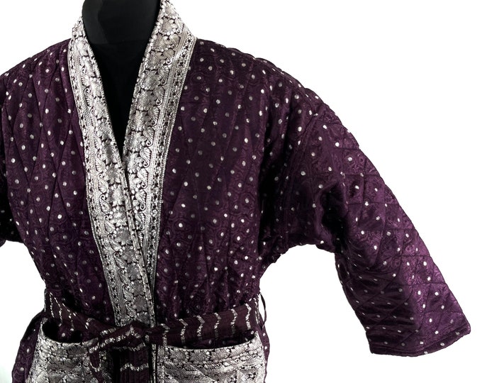 Quilted Silk Kimono Jacket XL; Vintage Brocade Robe, Generous Loose Fit, Japanese Style, Handmade.  SKU:758-7026