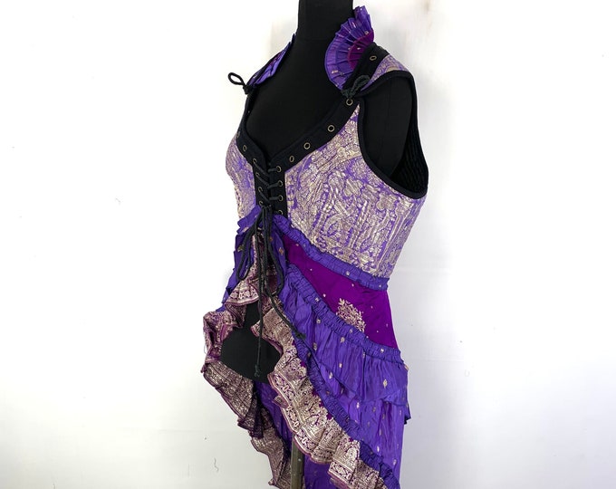 2XL. Sophia Steampunk Corset Dress with Hi-Low tiered skirt in Silk brocade,
