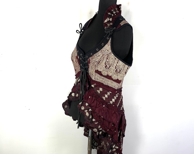 3XL. Sophia Steampunk Corset Dress in Red Vintage Silk Brocade.  SKU:2000-5382