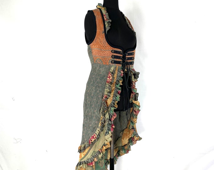 L. Celeste Bustier Dress; Under-bust Corset Dress in Vintage Silk. Bridgerton Cosplay, Larp, Steampunk, Fairy, Renaissance SKU:982-3156