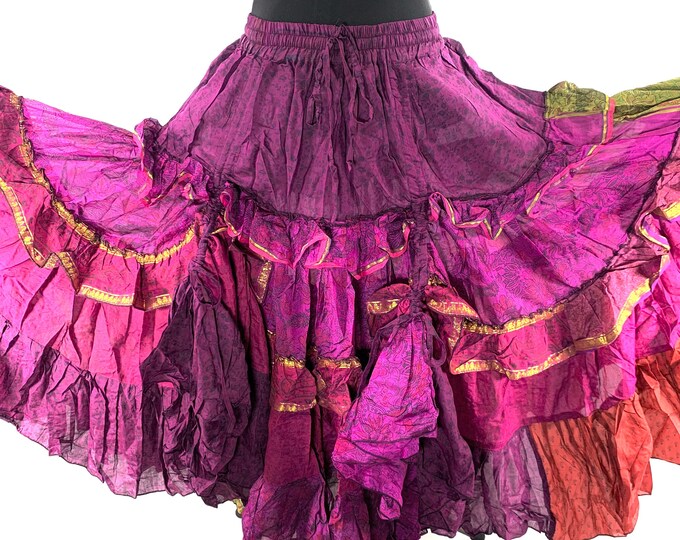 Yasmin 25 yard Gypsy Winter Silk Boho Skirt; One Size pink purple and gold Flamenco skirt SKU:740-6849