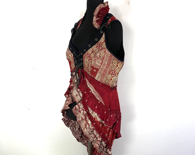 3XL. Sophia Steampunk Corset Dress in Red Vintage Silk Brocade.  SKU:2000-5380