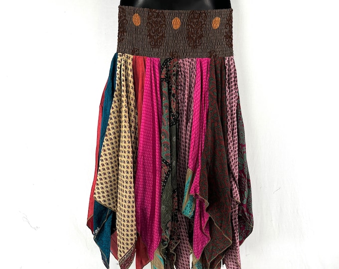 XL. Billie Long Patchwork Skirt in One Size elasticated waist, crafted from eco-friendly vintage Silk Sari pieces  SKU:750-7038