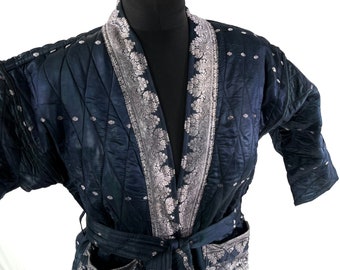 Quilted Silk Kimono Robe; Vintage Brocade, Generous Loose Fit Haori Jacket, Handmade.  SKU:757-7020