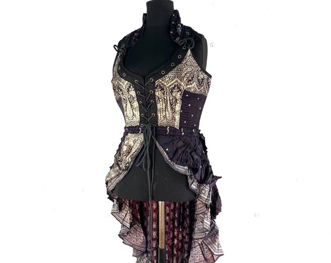 XL. Varuna Corset Dress in Silk Brocade with long body; Larp Renaissance Corset Dress.  SKU:2002-1740