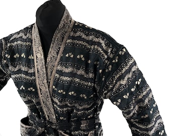 Quilted Silk Kimono Robe; Vintage Brocade, Generous Loose Fit Haori Jacket, Handmade. SKU:757-7016