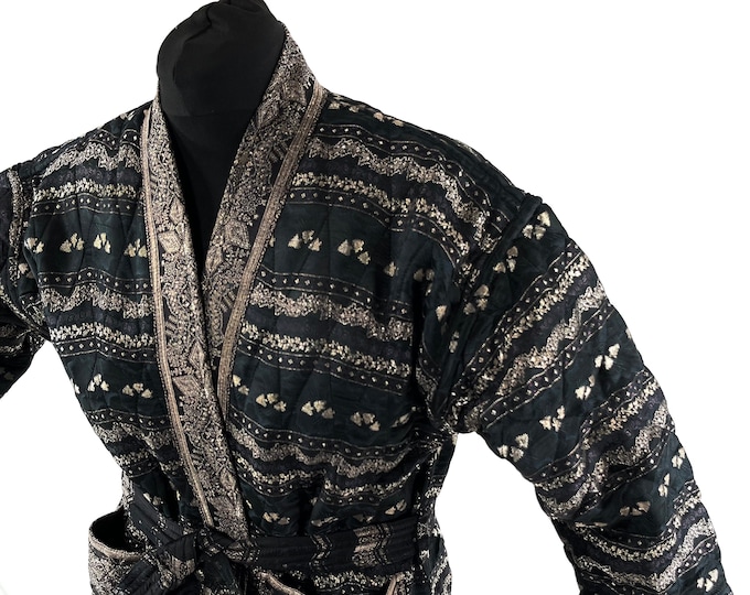 Quilted Silk Kimono Robe; Vintage Brocade, Generous Loose Fit Haori Jacket, Handmade. SKU:757-7016