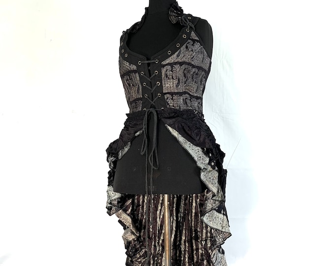 M. Goth Corset Dress in Silk Brocade with Varuna long body.  SKU:2002-2633