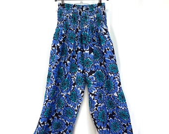 Tania Cotton Pantaloon Harem. One size Adult. Yoga Pants, Gypsy Pants, High Crotch festival pants in Blue & Black