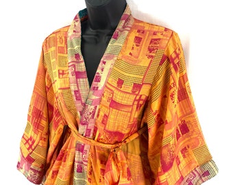 S/M. Luxury Reversible Silk Kimono Robe with deep pockets A perfect Dressing Gown, Bath Robe, Duster Jacket. SKU:725-3849