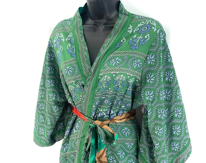 S/M. Luxury Reversible Silk Kimono Robe with deep pockets A perfect Dressing Gown, Bath Robe, Duster Jacket. SKU:725-3858