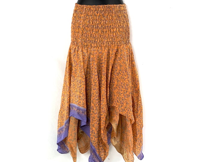 Nina Fairy Skirt One size in Silk (Length 32") a summer silk handmade handkerchief skirt swirly SKU:899-6800
