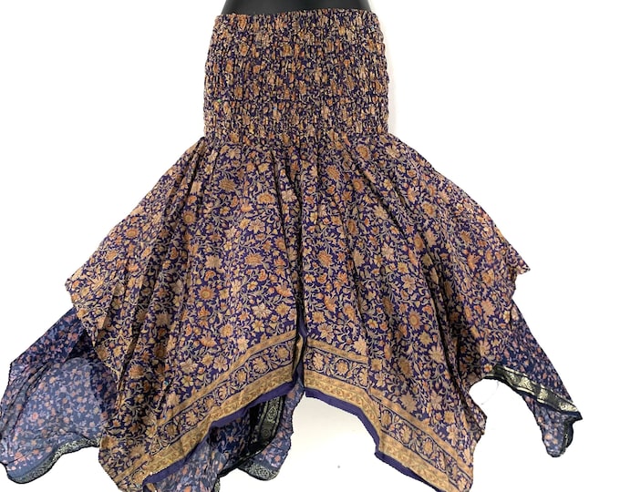 Nina Fairy Skirt One size in Silk (Length 32") a summer silk handmade handkerchief skirt swirly SKU:899-6804