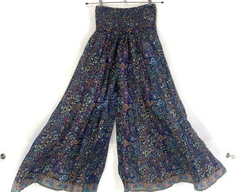 Culottes Blue Green Silk Slacks Elasticated Waist Wide Leg Trouser Palazzo Pants