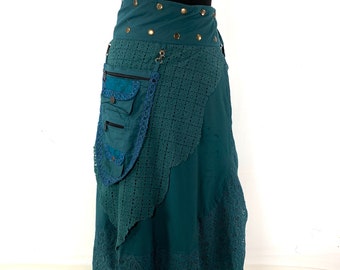 Aqua Steampunk Wrap Skirt in Cotton, Edwardian Long Skirt or Victorian Walking Skirt with a detachable 3 Pocket Purse. SKU:1040-AQUA