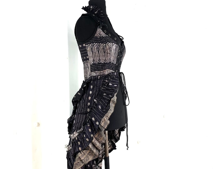 S. Varuna Corset Dress in Silk Brocade with long body; Larp Renaissance Corset Dress.  SKU:2002-1784
