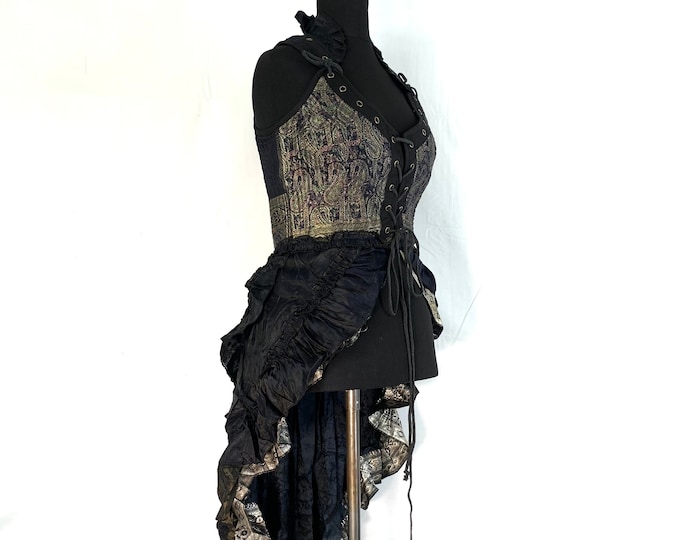 L. Varuna Corset Dress in Silk Brocade with long body; Larp Renaissance Corset Dress.  SKU:2002-2616
