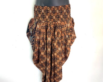 Caroline Waterfall Silk Harem Pants; One size, Elasticated waist Comfy yoga Eco Trousers in Copper & Black