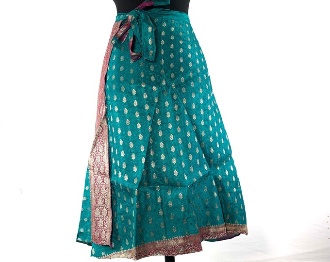 Pemberin Midi One Size Wrap Skirt in Upcycled Heavy Silk Brocade Sari. (One Layer A-Line Saree Wrap Skirt) SKU:2031-6361