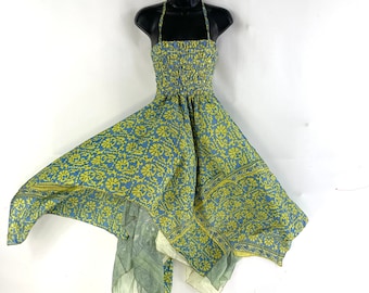 Aurora Summer Silk Green Paisley Fairy Dress Long 47" in One size (The Festival, Tall Girl Dress) SKU:902-902-4578