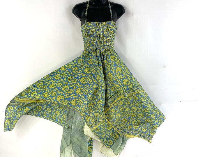 Aurora Summer Silk Green Paisley Fairy Dress Long 47" in One size (The Festival, Tall Girl Dress) SKU:902-902-4578