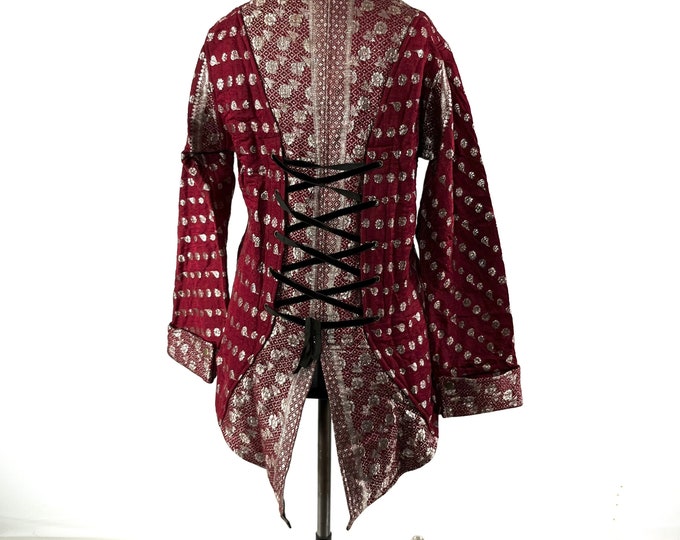 L. Steampunk Coat a Silk Brocade Fleece Lined Tailcoat with Corsetage at back for adjustable sizing.