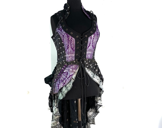 L. Varuna Corset Dress in Silk Brocade with long body; Larp Renaissance Corset Dress.  SKU:2002-1772