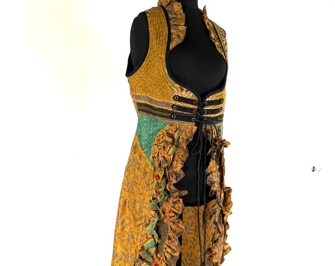 2XL. Celeste Underbust Corset Bustier Dress with adj tail length handmade in Vintage Silk. (Cosplay, Steampunk, Renaissance) SKU:981-5462