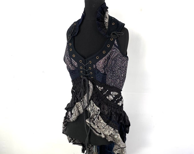 L. Sophia Steampunk Corset Dress with Hi-Low tiered skirt in Silk brocade,