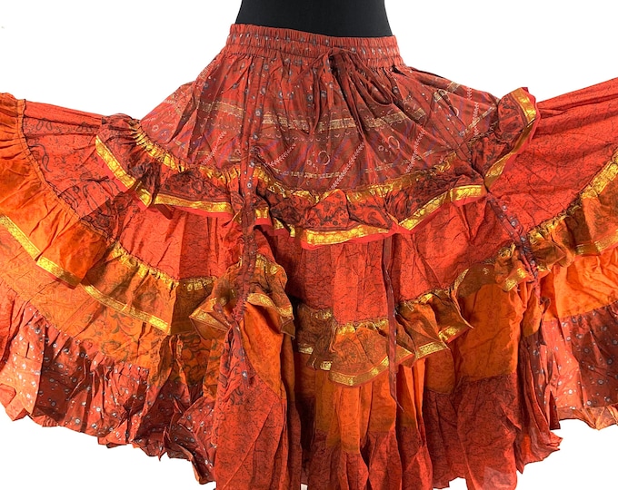 Yasmin 25 yard Gypsy Winter Silk Boho Skirt; One Size Orange and Gold Bellydance SKU:740-6845