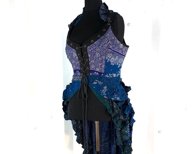 XL. Varuna Corset Dress in Silk Brocade with long body; Larp Renaissance Corset Dress.  SKU:2002-1739